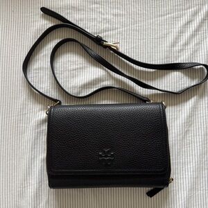 Black Pebbled Leather Tory Burch Wallet Crossbody Purse.